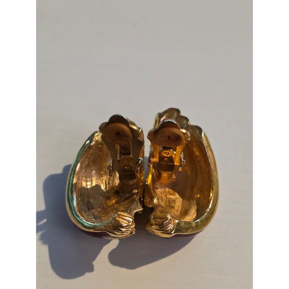 80's Couture Gold Tone Enamel Clip On Earrings Byzantine Designer Statement Runw - Picture 5 of 5